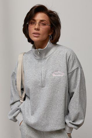 Теплий світшот oversize з коміром на блискавці - сірий цвет, ONE SIZE (є розміри) 1078591022 фото