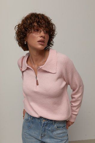 Жіноча в&rsquo;язана кофта-поло на блискавці - пудра цвет, ONE SIZE (є розміри) 1077830722 фото