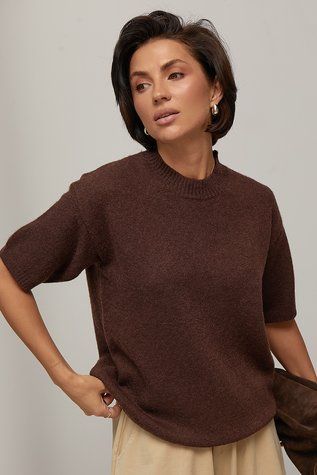 Вільний в&rsquo;язаний джемпер з коротким рукавом - темно-коричневий цвет, ONE SIZE (є розміри) 1078715122 фото