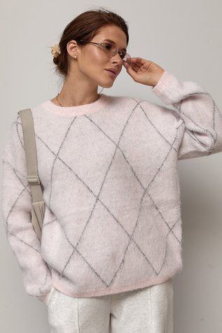 М&rsquo;який в&rsquo;язаний джемпер з ромбами - пудра цвет, ONE SIZE (є розміри) 1078740722 фото