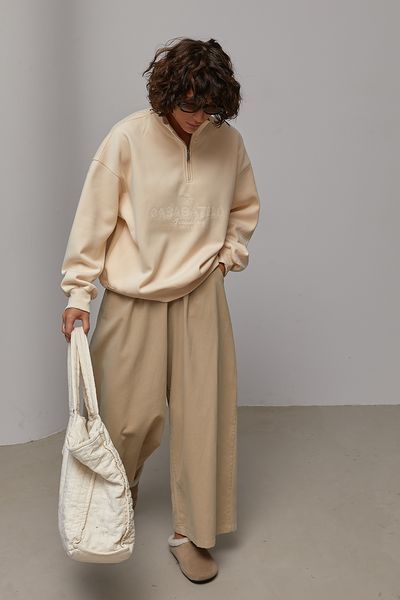 Теплий світшот oversize з вишитим написом - кремовий цвет, ONE SIZE (є розміри) 1079231922 фото