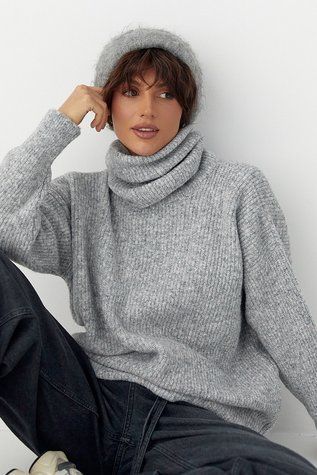Жіноча в'язана туніка з високою горловиною - сірий цвет, ONE SIZE (є розміри) 1070931022 фото