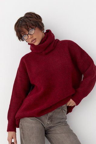 Жіноча в'язана туніка з високою горловиною - бордо цвет, ONE SIZE (є розміри) 1070933522 фото
