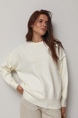 В&rsquo;язаний джемпер oversize з декоративними швами - молочний цвет, ONE SIZE (є розміри) 1078804722 фото