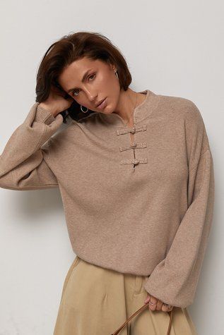 В&rsquo;язаний джемпер oversize з декоративними застібками - бежевий цвет, ONE SIZE (є розміри) 1078892622 фото