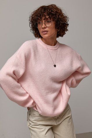 В'язаний жіночий джемпер oversize з круглою горловиною - рожевий цвет, ONE SIZE (є розміри) 1079181422 фото