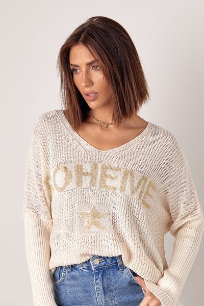 В'язаний жіночий пуловер з написом Boheme - молочний цвет, ONE SIZE (є розміри) 1058664722 фото