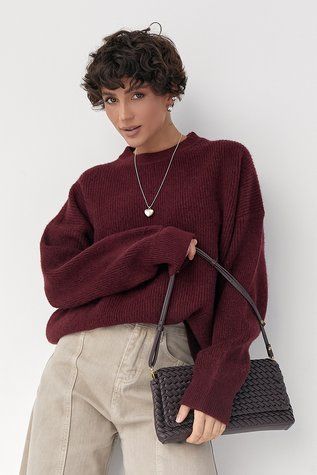 В'язана тепла однотонна кофта - бордо цвет, ONE SIZE (є розміри) 1071943522 фото
