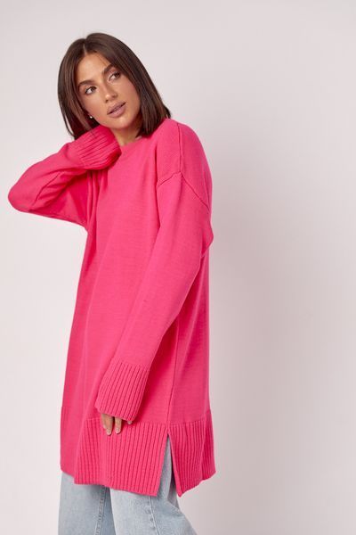 Жіноча в'язана туніка oversize із розрізами з боків - фуксія цвет, ONE SIZE (є розміри) 1060443322 фото