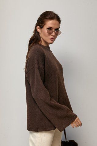 В&rsquo;язаний джемпер oversize з широкими рукавами - темно-коричневий цвет, ONE SIZE (є розміри) 1078945122 фото